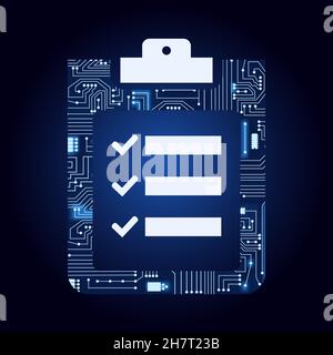 Zwischenablage mit Checkliste, die durch elektronische Schaltung ausgefüllt wird. Blau und Verlaufshintergrund. Stock Vektor