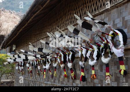 Traditionelle Naga-Kopfbedeckung aus Hornbill-Federn, die an der Wand einer traditionellen Naga-Hütte hängt Stockfoto