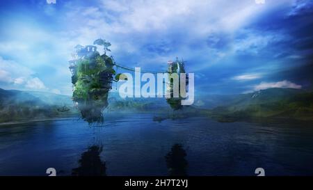 Fantastische Landschaft mit einem See und bewohnten Fluginseln, 3D Render. Stockfoto