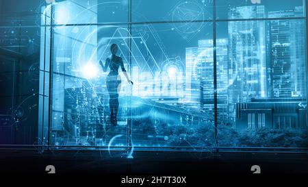 Ein in der Luft schwimmendes android arbeitet mit Daten, 3D Render. Stockfoto