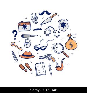 Detective Doodle Set. Handgezeichnete Skizze im Doodle-Stil. Fußabdruck, Fingerabdruck, Detektivdetektiv-Ermittlungselement. Vektorgrafik. Stock Vektor