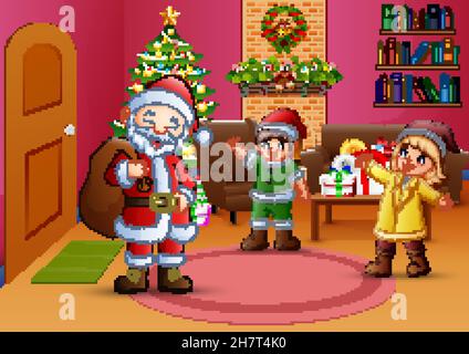 Glücklicher weihnachtsmann und zwei Kinder im Wohnzimmer mit weihnachtsbaum Stock Vektor