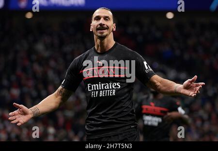 Madrid, Spanien. 24th. November 2021. Zlatan Ibrahimovic vom AC Mailand reagiert während des UEFA Champions League-Spiels der Gruppe B zwischen Atletico de Madrid (Spanien) und AC Mailand (Italien) am 24. November 2021 in Madrid (Spanien). Quelle: Pablo Morano/Xinhua/Alamy Live News Stockfoto
