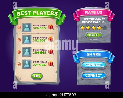 Game ui Interface Boards mit den besten Spielern Listen auf, bewerten und teilen Banner. Vektor-Cartoon-Set von gui-Elementen, Bildschirm mit den Benutzernamen der Gewinner, Feedback-Rahmen mit Sternen und Connect-Tasten Stock Vektor
