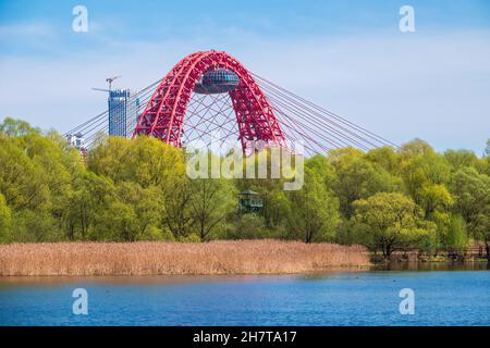 Blick auf die Zhivopisny-Brücke von Serebryany Bor. Grüne russische Natur im Frühling Moskau, Serebryany Bor und Schiwopisny Brücke Stockfoto