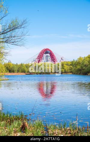 Blick auf die Zhivopisny-Brücke von Serebryany Bor. Grüne russische Natur im Frühling Moskau, Serebryany Bor und Schiwopisny Brücke Stockfoto