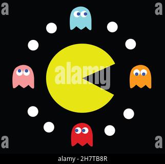 PAC-man Spiel Thema Vektor Illustration. Retro-Computerspiel mit Pac-man-, Pinky-, Blinky-, Inky- und Clyde-Charakteren Stockfoto