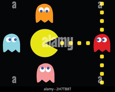 PAC-man-Vektorgrafik für Stau. Retro-Computerspiel mit Pac-man-, Pinky-, Blinky-, Inky- und Clyde-Charakteren Stockfoto