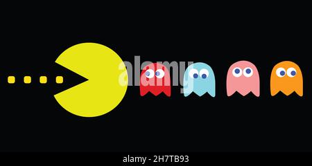 PAC-man Spiel Thema Vektor Illustration. Retro-Computerspiel mit Pac-man-, Pinky-, Blinky-, Inky- und Clyde-Charakteren Stockfoto