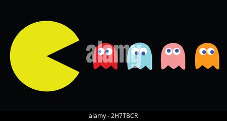 PAC-man-Vektorgrafik. Retro-Computerspiel mit Pac-man-, Pinky-, Blinky-, Inky- und Clyde-Charakteren Stockfoto