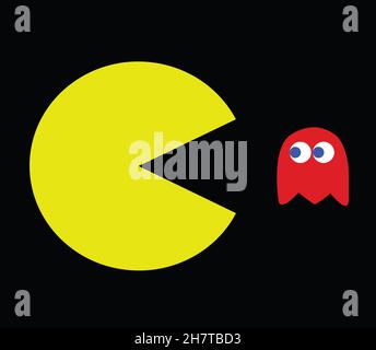 PAC-man-Illustration. Retro Computerspiel Vektor Illustration mit Pac-man und seinem Feind Stockfoto