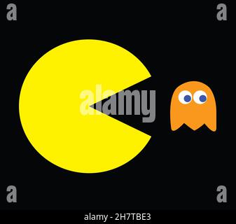 PAC-man-Illustration. Retro Computerspiel Vektor Illustration mit Pac-man und seinem Feind Stockfoto