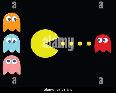 PAC-man Spiel Thema Vektor Illustration. Retro-Computerspiel mit Pac-man-, Pinky-, Blinky-, Inky- und Clyde-Charakteren Stockfoto