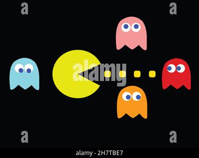 PAC-man Spiel Thema Vektor Illustration. Retro-Computerspiel mit Pac-man-, Pinky-, Blinky-, Inky- und Clyde-Charakteren Stockfoto