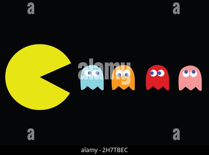 PAC-man Spiel Thema Vektor Illustration. Retro-Computerspiel mit Pac-man-, Pinky-, Blinky-, Inky- und Clyde-Charakteren Stockfoto