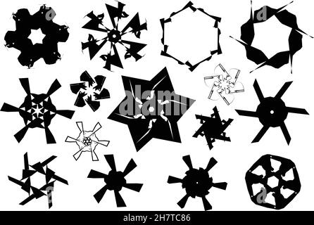 Schwarz-weiße Sterne und Schneeflocken Formen isoliert auf weißem Hintergrund, Vektor-Illustration-Set, Vektor-Icons Sammlung Stock Vektor