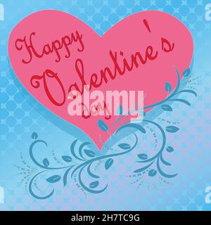 Das Herz ist rosa mit der Aufschrift Valentinstag. Blau gemusterter Hintergrund. Pflanzen, die Blätter der Bindenweed, Stockfoto