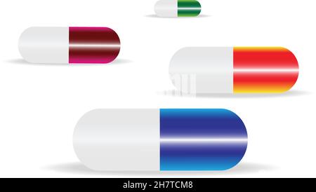 Farbige Pillen und Medikamente isoliert auf weißem Hintergrund, medizinische Pille und Tablette Symbole Vektor-Illustration-Set, perspektivische Ansicht Stock Vektor