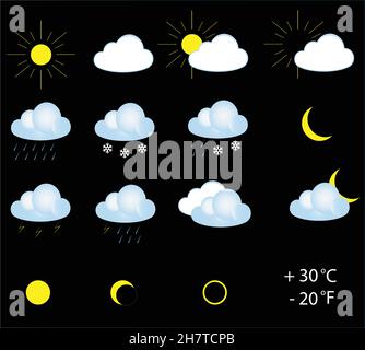 Wettersymbole isoliert auf schwarzem Hintergrund, Vektordarstellung. Bunte Wettervektorsymbole, die für Wetterprognosen-Apps eingerichtet sind. Stock Vektor