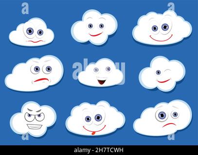 Weiße Vektorwolken mit emotionalen Cartoon-Gesichtern: Lächelnd, enttäuscht, wütend und verängstigt Stock Vektor