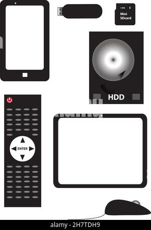 Elektronische Gadgets Vektor Illustration Set. Silhouetten von Gadgets sind auf weißem Hintergrund isoliert. Stock Vektor