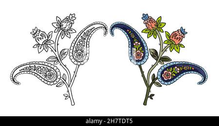 Illustration Rasterelement paisley auf in Farbe und schwarz-weiß-Version zum Ausmalen von Seiten auf weißem isolierten Hintergrund. Hochwertige Illustration Stockfoto