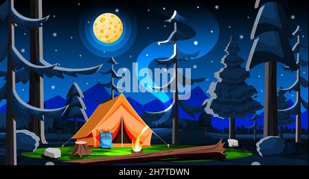 Nachtwiese mit Gras und Camping. Stock Vektor