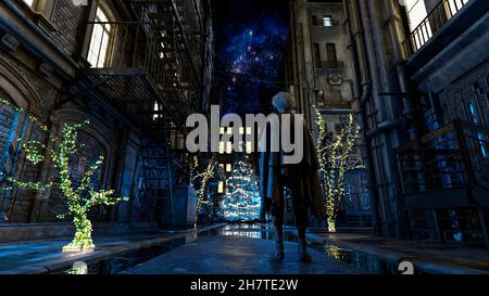 Ein obdachloser älterer Mann, der in der Weihnachtsnacht in der Stadt herumläuft - 3D Rendering Stockfoto