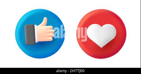 3D Symbole, lauter Daumen nach oben Geste und Herz wie gefällt auf roten und blauen Kreisen Stock Vektor