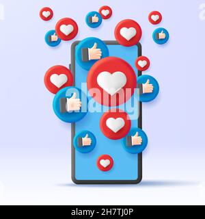 3D Smartphone-Illustration mit Volumenblasen mit wie Daumen nach oben und Herz Stock Vektor