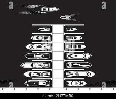 Yacht und Bootsanlegestelle von oben Stock Vektor