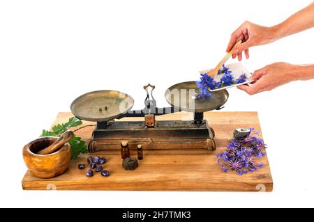 Roberval Balance vor weißem Hintergrund Stockfoto