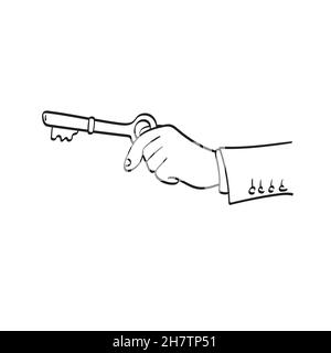 Nahaufnahme Hand des Geschäftsmannes halten Schlüssel Illustration Vektor isoliert auf weißem Hintergrund Linie Kunst. Stock Vektor