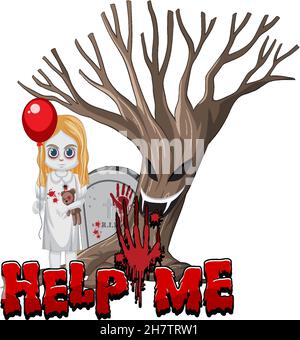 Ghost girl hält roten Ballon und beängstigend Baum Illustration Stock Vektor