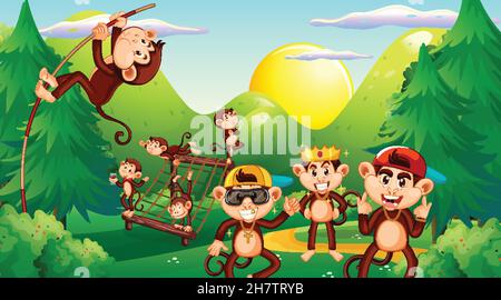 Kleine Affen spielen im Wald Szene Illustration Stock Vektor