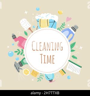 Banner für die Reinigung Service Team.Cleaning Werkzeuge Eimer, Haushalt, Bürste, Schwamm, Besen auf weißem Hintergrund.Eco Reinigungsprodukte.Vektor flache Abbildung. Stock Vektor