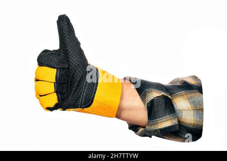 Geste genehmigen. Daumen hoch. Die Hand des Mannes im Bauhandschuh zeigt, dass alles in Ordnung ist. Nahaufnahme. Isoliert auf weißem Hintergrund. Leer für Werbecollage. Thema der Konstruktion. Stockfoto