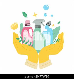 Set mit umweltfreundlichen Reinigungsprodukten. Zwei Hände in Handschuhen halten Fenster-Reiniger Produkt in bootle und arregent.Banner für Reinigungsservice.Vector Stock Vektor