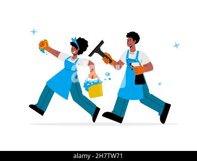 Reinigung Team concept.African-american männliche und weibliche Hausmeister in Uniform mit Eimer und Spray, Waschen Rakel laufen zu cleanup.Vector Illustration. Stock Vektor