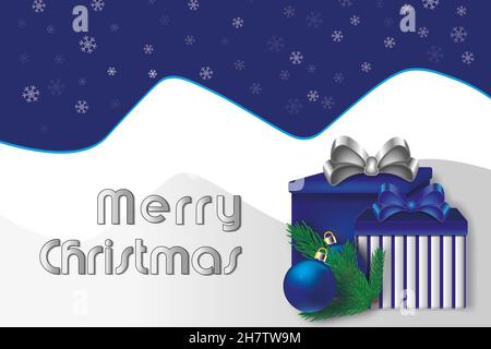 Weihnachtskarte. Weihnachtsgrüße in marineblauen Farben. Ein Zweig eines Weihnachtsbaums, zwei Kugeln und Geschenkschachteln. Winterstimmung. Dezember und Geschenke. Stockfoto