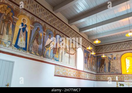 Detail des Freskenzyklus in der Kirche von Jelling. Jelling, Jütland, Dänemark, Europa Stockfoto