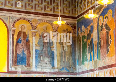 Detail des Freskenzyklus in der Kirche von Jelling. Jelling, Jütland, Dänemark, Europa Stockfoto