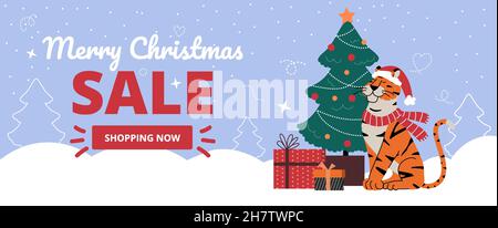 Winter Sale vertikale Banner für weihnachten und Neujahr Sale.Tiger in einem Weihnachtsmann Hut und Schal sitzt in der Nähe Weihnachtsbaum mit Geschenken.Vector flach il Stock Vektor