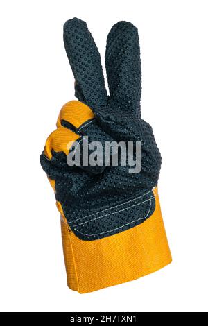 Hand in Bauhandschuh. Zwei Finger nach oben. Symbol oder Zeichen. Objekt für Kolosierung. Isoliert auf weißem Hintergrund. Stockfoto