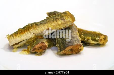 Hausgemachter gebratener Neunaugen-Fisch mit Marinade. Stockfoto