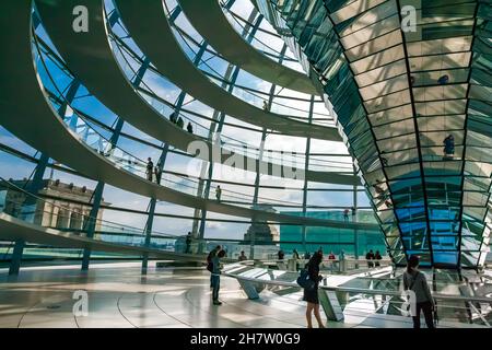 Toller Blick auf die spiralförmigen Stahlrampen, die die verspiegelte Kegelstruktur in der Glaskuppel des Reichstagsgebäudes in Berlin umgeben. Stockfoto