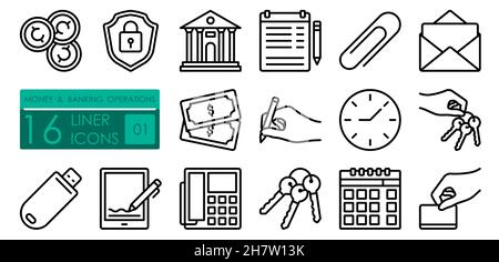 Geld- und Bankgeschäfte. Digitales Tablet, Unterschrift, Geld, Bargeld, Münzen, Übertragung, Sicherheit, Flash-Karte. Satz einfacher linearer Symbole Stock Vektor