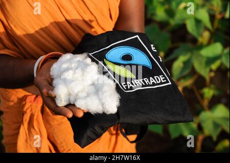 INDIEN, Orissa, Fairtrade Cotton Farmers of Agrocel near Rayagada / INDIEN, Orissa, Raygada, Fairtrade Baumwollbauern von Agrocel, Dorf Kodesu, Frau hält geerntete Fairtrade Biobaumwolle und Tasche mit Fairtrade Logo Stockfoto