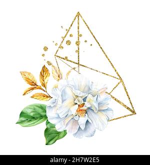 Wasserfarbenes Rosenstrauß mit goldenem Glitzerrahmen. Realistische Anordnung mit weißer Bräunungsblume, grüner und Glitter-Folie. Botanisch geblümt Stockfoto