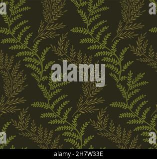 Nahtloses Muster mit Locken aus Farnzweigen auf dunkelgrünem Hintergrund. Vektor tropische Textur mit Stielen und Laub für Stoffe, Tapeten und Sie Stock Vektor